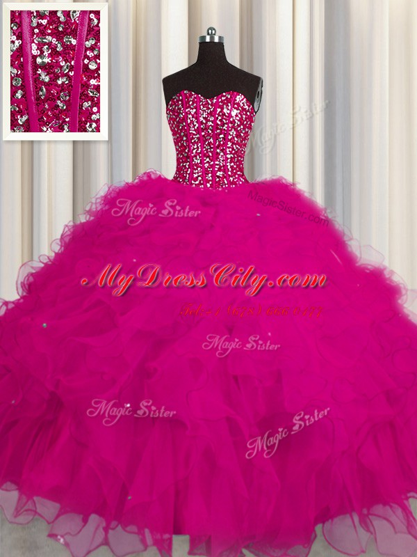 Vintage Visible Boning Fuchsia Sweetheart Lace Up Beading and Ruffles and Sequins Sweet 16 Quinceanera Dress Sleeveless