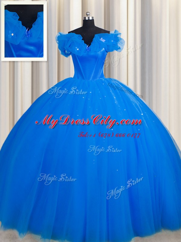 Off The Shoulder Royal Blue Short Sleeves With Train Ruching Lace Up Quinceanera Dresses