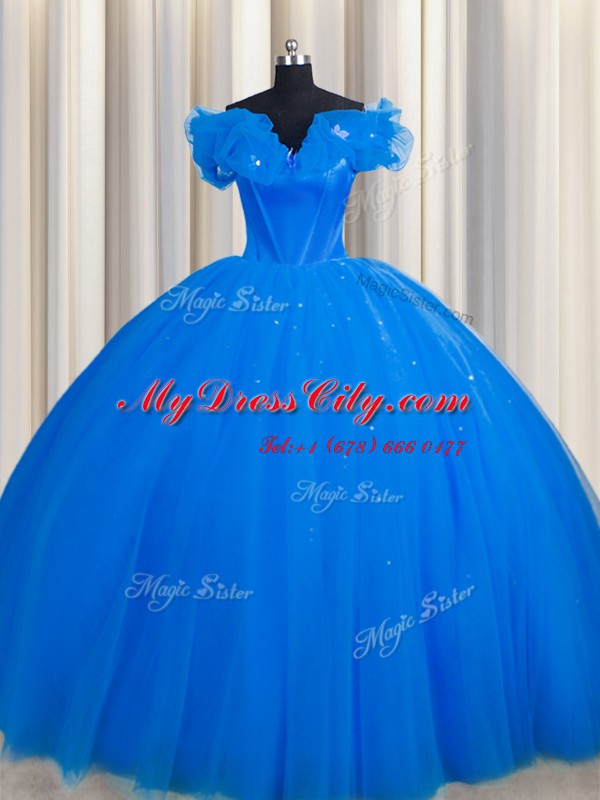 Off The Shoulder Royal Blue Short Sleeves With Train Ruching Lace Up Quinceanera Dresses