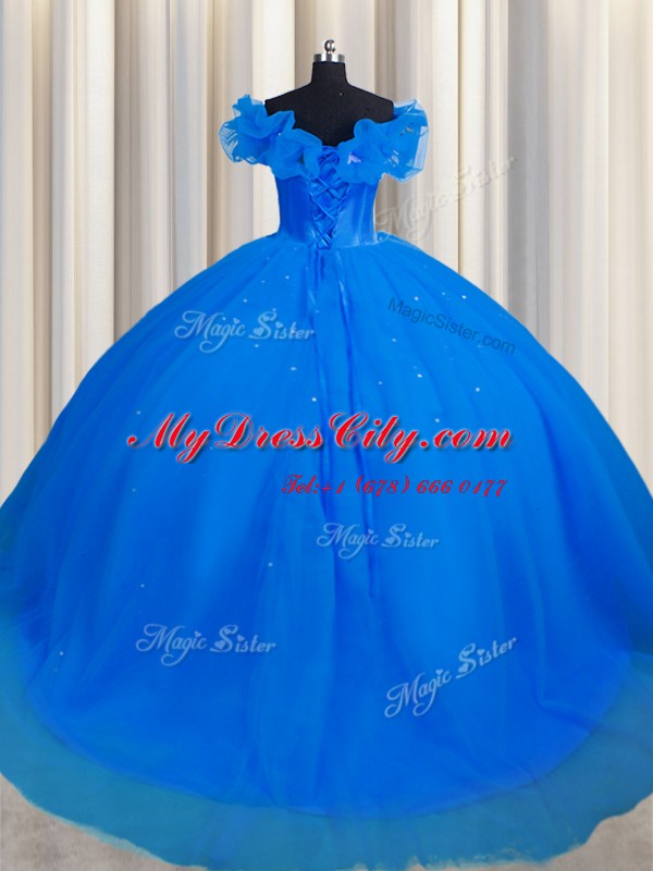 Off The Shoulder Royal Blue Short Sleeves With Train Ruching Lace Up Quinceanera Dresses