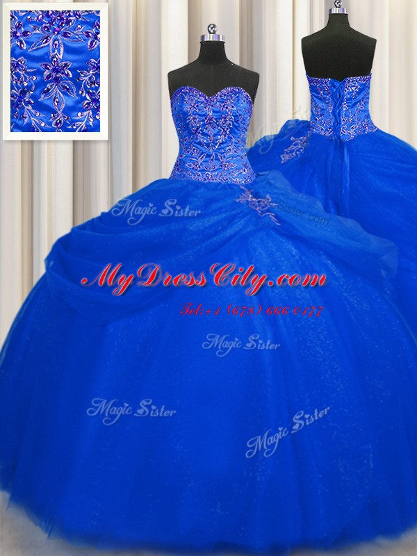 Eye-catching Big Puffy Royal Blue Tulle Lace Up Sweetheart Sleeveless Floor Length Vestidos de Quinceanera Beading