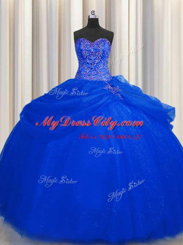 Eye-catching Big Puffy Royal Blue Tulle Lace Up Sweetheart Sleeveless Floor Length Vestidos de Quinceanera Beading