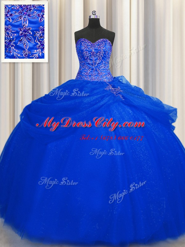 Eye-catching Big Puffy Royal Blue Tulle Lace Up Sweetheart Sleeveless Floor Length Vestidos de Quinceanera Beading