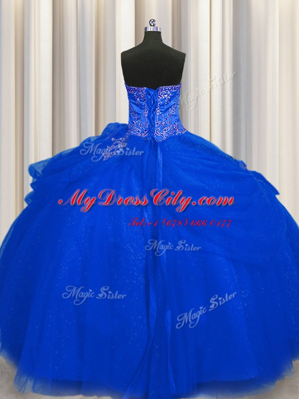 Eye-catching Big Puffy Royal Blue Tulle Lace Up Sweetheart Sleeveless Floor Length Vestidos de Quinceanera Beading