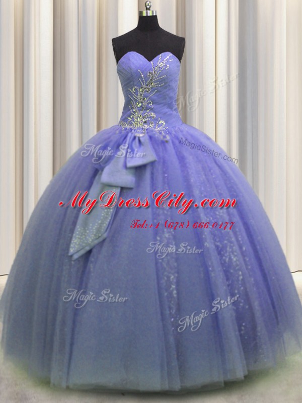 Pretty Sweetheart Sleeveless Quinceanera Gowns Floor Length Beading and Sequins and Bowknot Lavender Tulle