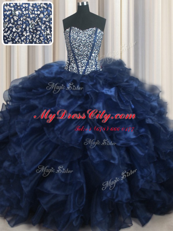 Custom Made Visible Boning Bling-bling Navy Blue Sleeveless Organza Brush Train Lace Up 15 Quinceanera Dress for Military Ball and Sweet 16