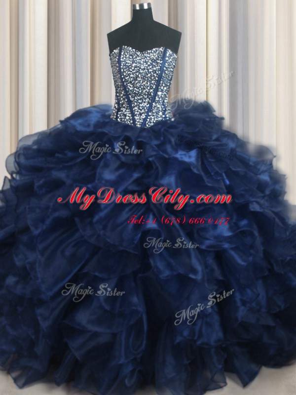 Custom Made Visible Boning Bling-bling Navy Blue Sleeveless Organza Brush Train Lace Up 15 Quinceanera Dress for Military Ball and Sweet 16