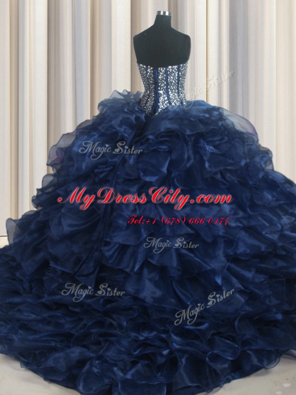 Custom Made Visible Boning Bling-bling Navy Blue Sleeveless Organza Brush Train Lace Up 15 Quinceanera Dress for Military Ball and Sweet 16