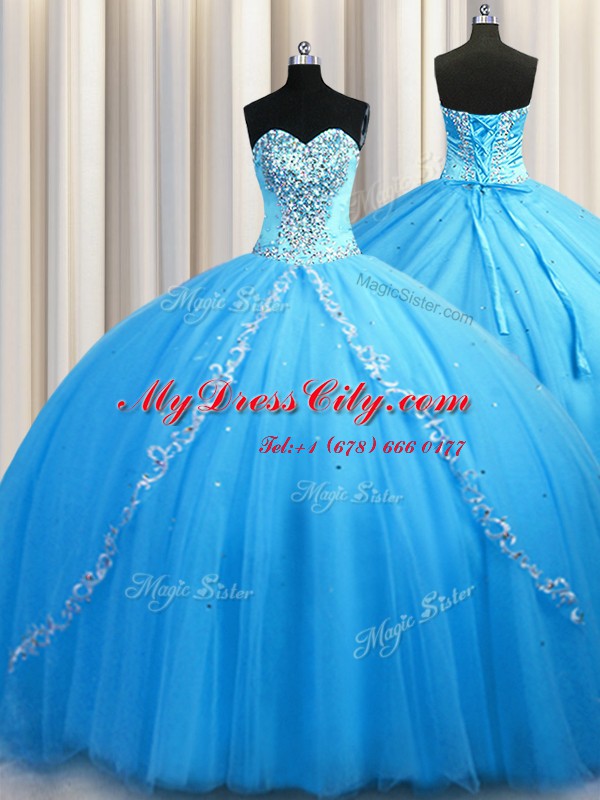 High Quality Sleeveless Tulle Brush Train Lace Up Sweet 16 Quinceanera Dress in Baby Blue with Beading