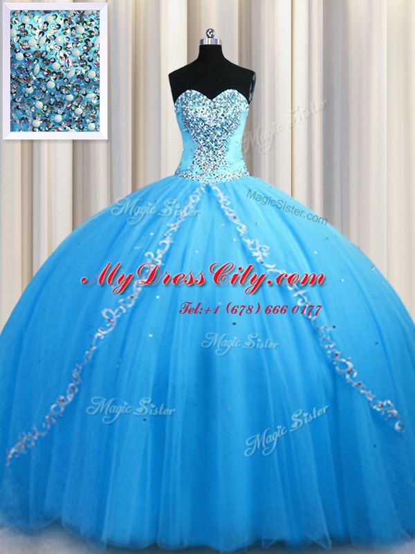 High Quality Sleeveless Tulle Brush Train Lace Up Sweet 16 Quinceanera Dress in Baby Blue with Beading