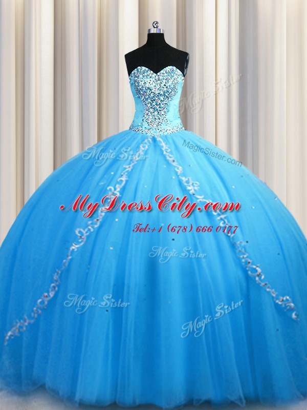 High Quality Sleeveless Tulle Brush Train Lace Up Sweet 16 Quinceanera Dress in Baby Blue with Beading