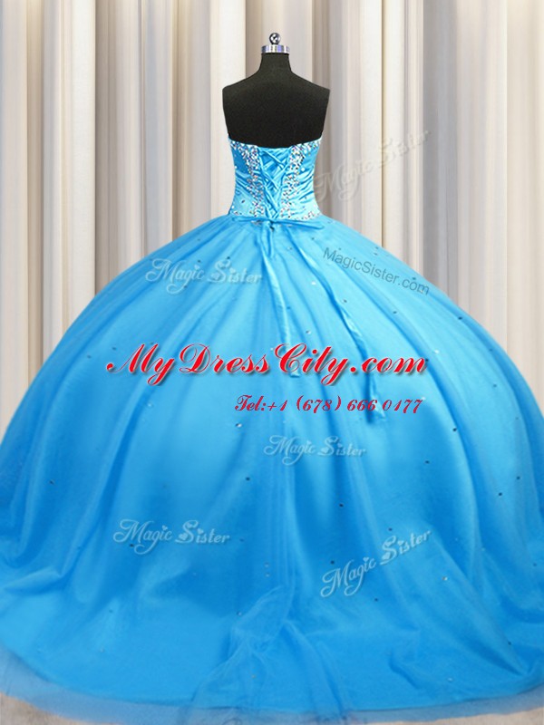 High Quality Sleeveless Tulle Brush Train Lace Up Sweet 16 Quinceanera Dress in Baby Blue with Beading