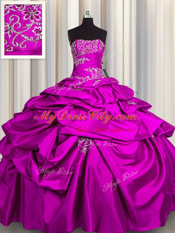 Customized Fuchsia Ball Gowns Appliques and Pick Ups 15th Birthday Dress Lace Up Taffeta Sleeveless Floor Length