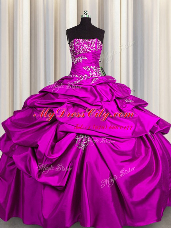 Customized Fuchsia Ball Gowns Appliques and Pick Ups 15th Birthday Dress Lace Up Taffeta Sleeveless Floor Length