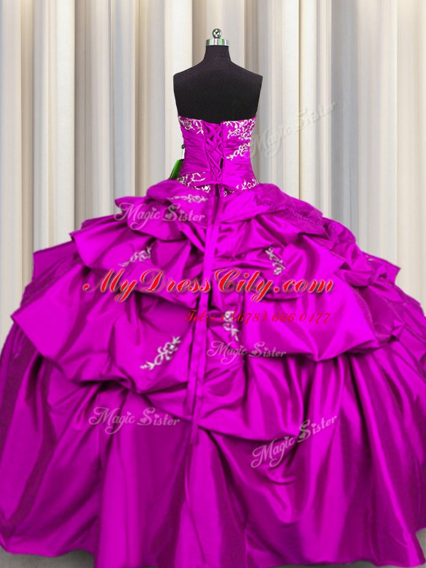 Customized Fuchsia Ball Gowns Appliques and Pick Ups 15th Birthday Dress Lace Up Taffeta Sleeveless Floor Length