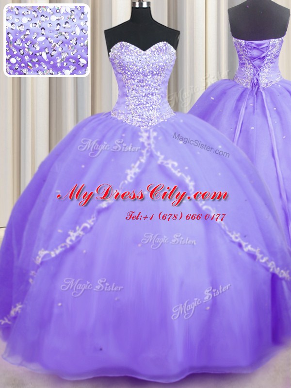 Best Selling Sweetheart Sleeveless Organza Quince Ball Gowns Beading and Appliques Brush Train Lace Up