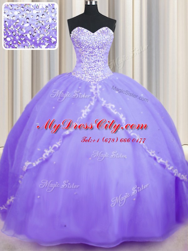 Best Selling Sweetheart Sleeveless Organza Quince Ball Gowns Beading and Appliques Brush Train Lace Up