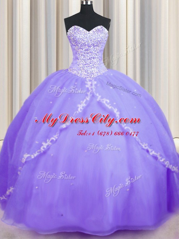 Best Selling Sweetheart Sleeveless Organza Quince Ball Gowns Beading and Appliques Brush Train Lace Up