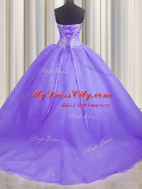 Best Selling Sweetheart Sleeveless Organza Quince Ball Gowns Beading and Appliques Brush Train Lace Up