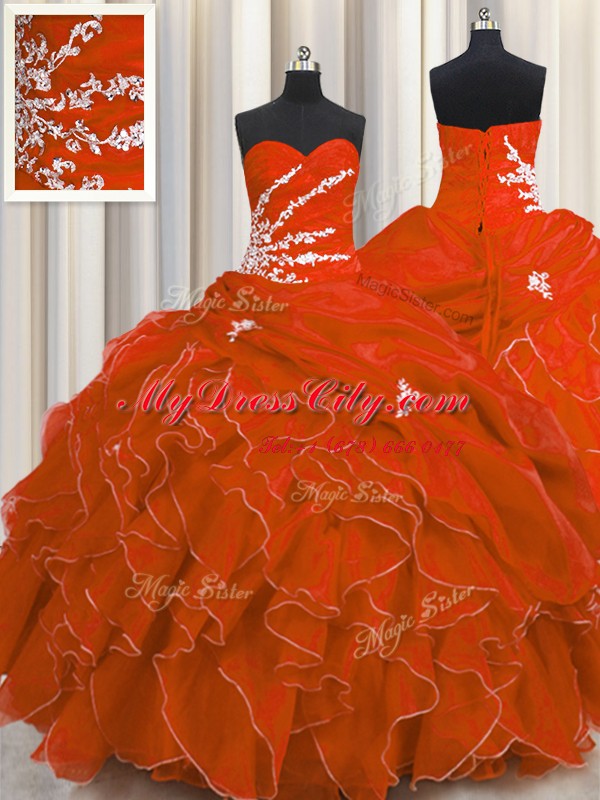 Red Sleeveless Floor Length Beading and Appliques and Ruffles Lace Up Sweet 16 Dresses