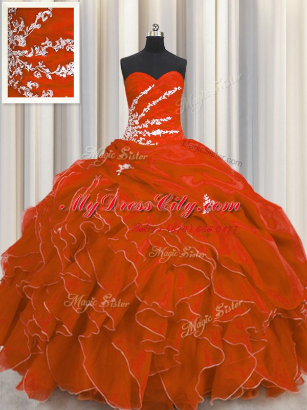 Red Sleeveless Floor Length Beading and Appliques and Ruffles Lace Up Sweet 16 Dresses