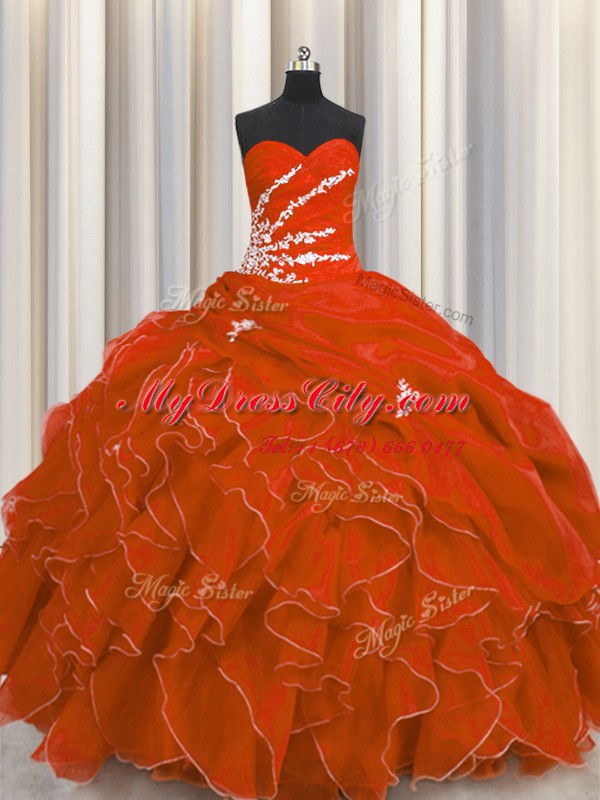 Red Sleeveless Floor Length Beading and Appliques and Ruffles Lace Up Sweet 16 Dresses