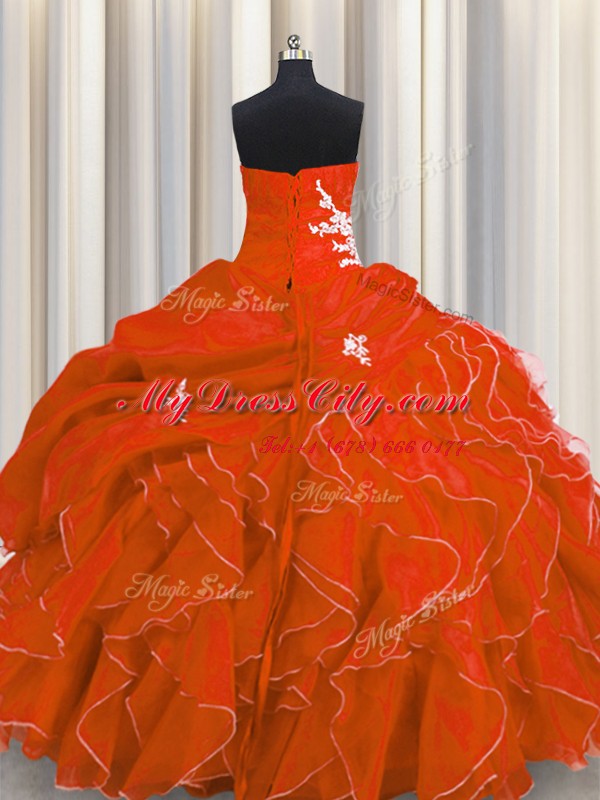 Red Sleeveless Floor Length Beading and Appliques and Ruffles Lace Up Sweet 16 Dresses