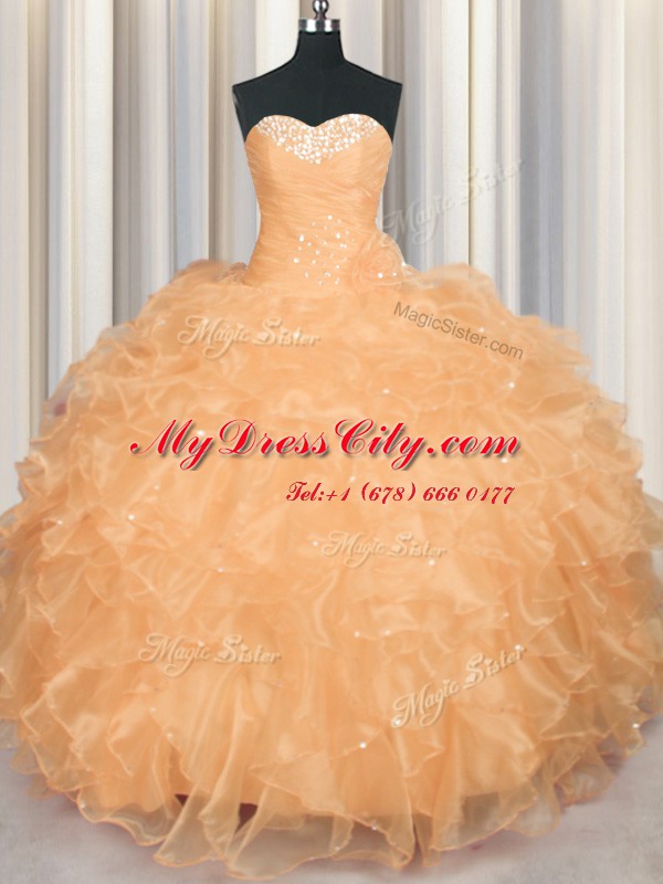 Pretty Orange Organza Lace Up Quinceanera Dress Sleeveless Floor Length Beading and Ruffles