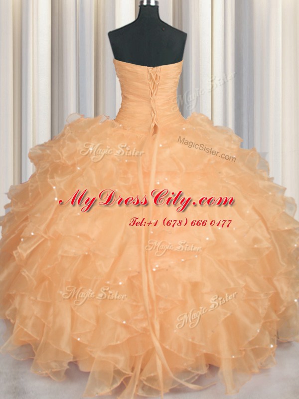 Pretty Orange Organza Lace Up Quinceanera Dress Sleeveless Floor Length Beading and Ruffles