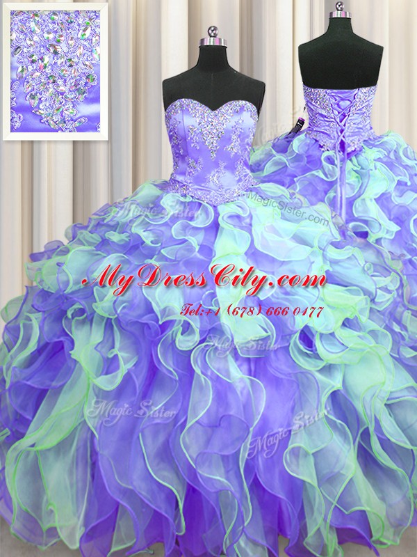 Graceful Sleeveless Floor Length Beading and Appliques and Ruffles Lace Up Sweet 16 Quinceanera Dress with Multi-color