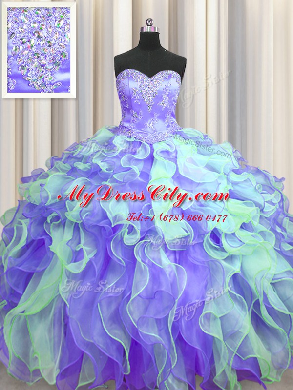 Graceful Sleeveless Floor Length Beading and Appliques and Ruffles Lace Up Sweet 16 Quinceanera Dress with Multi-color