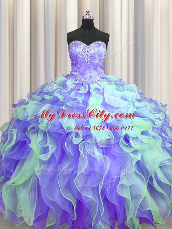 Graceful Sleeveless Floor Length Beading and Appliques and Ruffles Lace Up Sweet 16 Quinceanera Dress with Multi-color