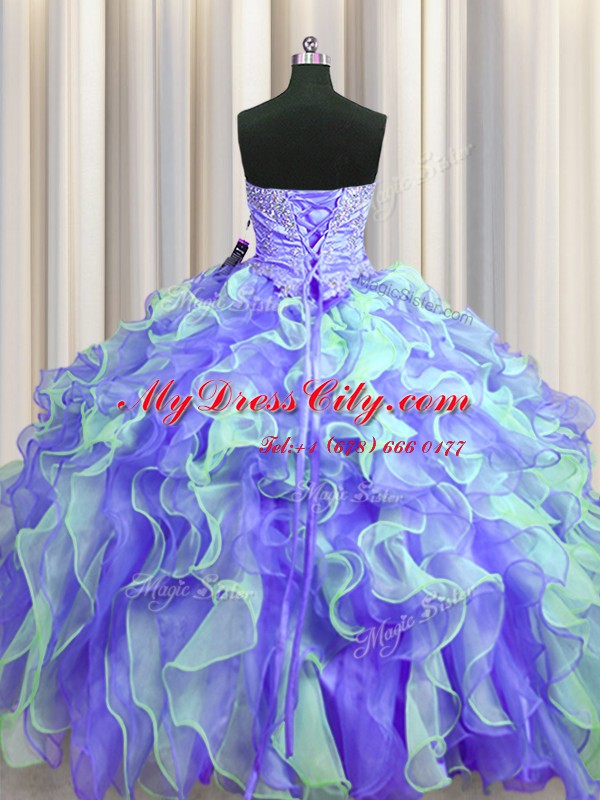 Graceful Sleeveless Floor Length Beading and Appliques and Ruffles Lace Up Sweet 16 Quinceanera Dress with Multi-color