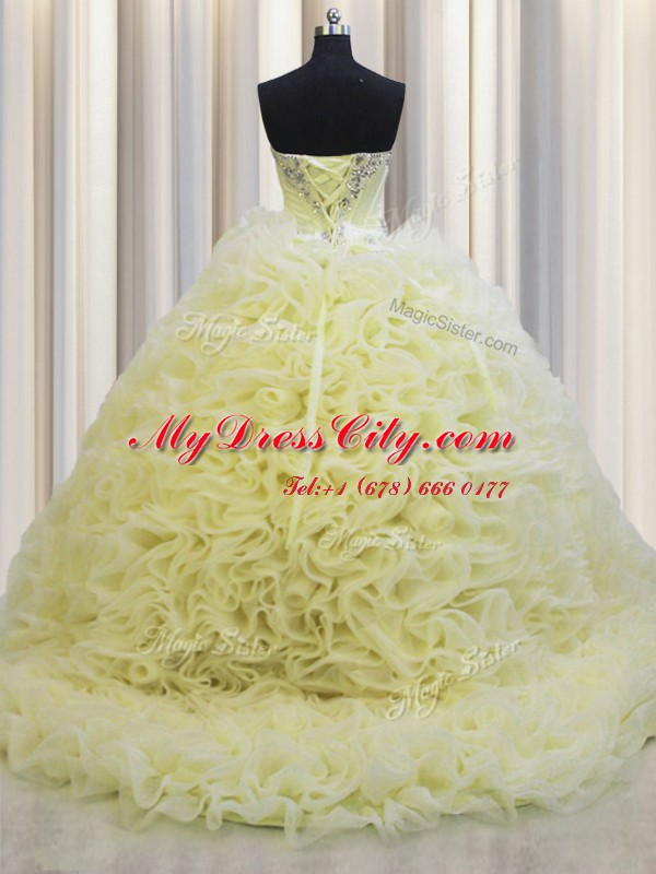 Custom Designed Brush Train Sweetheart Sleeveless Sweet 16 Dress Floor Length Beading and Pick Ups Light Yellow Fabric With Rolling Flowers