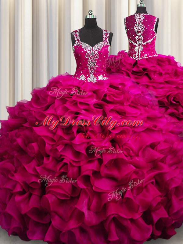 Zipple Up See Through Back Organza Straps Sleeveless Zipper Beading and Ruffles Vestidos de Quinceanera in Fuchsia