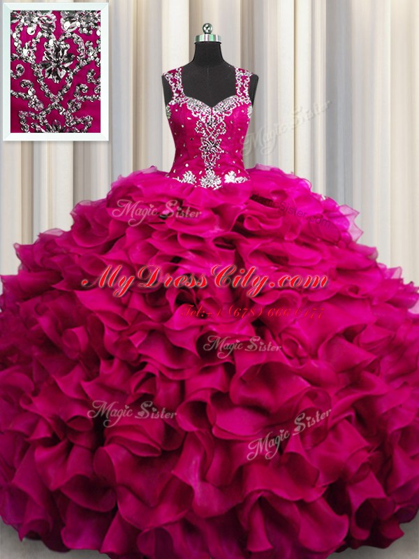 Zipple Up See Through Back Organza Straps Sleeveless Zipper Beading and Ruffles Vestidos de Quinceanera in Fuchsia