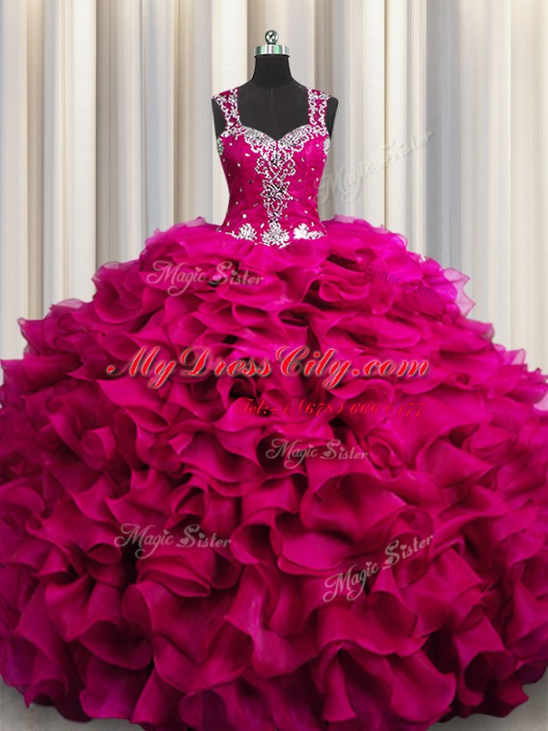 Zipple Up See Through Back Organza Straps Sleeveless Zipper Beading and Ruffles Vestidos de Quinceanera in Fuchsia