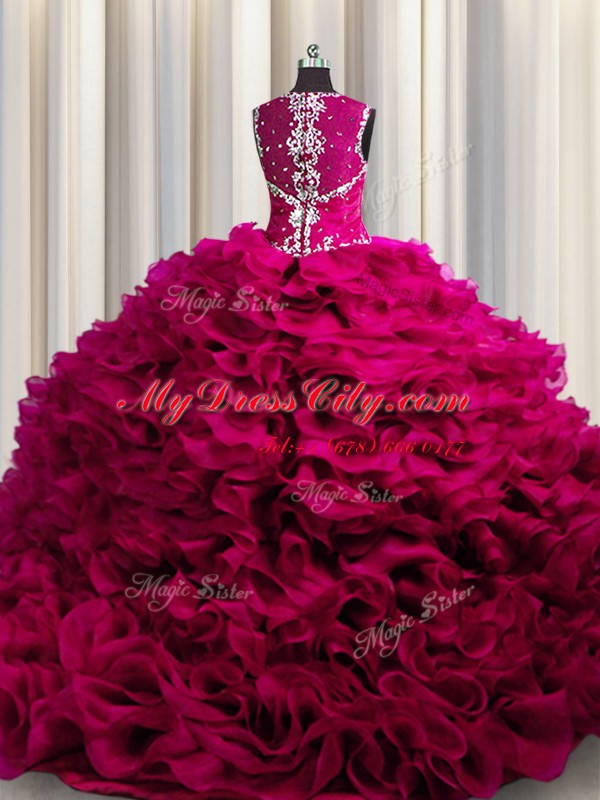 Zipple Up See Through Back Organza Straps Sleeveless Zipper Beading and Ruffles Vestidos de Quinceanera in Fuchsia