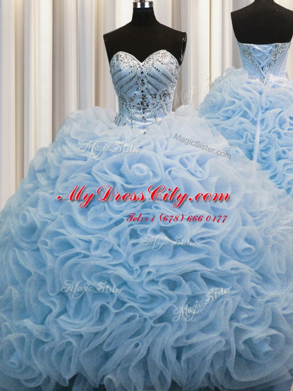 Low Price Rolling Flowers Ball Gowns Sleeveless Baby Blue 15 Quinceanera Dress Brush Train Lace Up