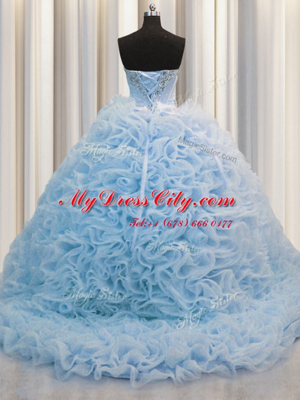 Low Price Rolling Flowers Ball Gowns Sleeveless Baby Blue 15 Quinceanera Dress Brush Train Lace Up