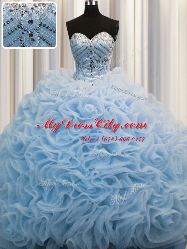 Low Price Rolling Flowers Ball Gowns Sleeveless Baby Blue 15 Quinceanera Dress Brush Train Lace Up