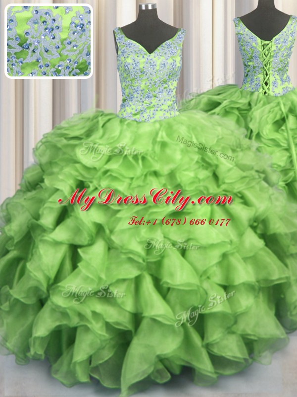 V Neck Organza Sleeveless Floor Length Vestidos de Quinceanera and Beading and Ruffles