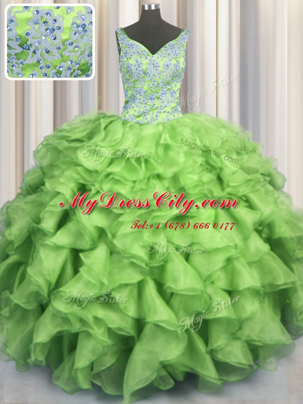 V Neck Organza Sleeveless Floor Length Vestidos de Quinceanera and Beading and Ruffles