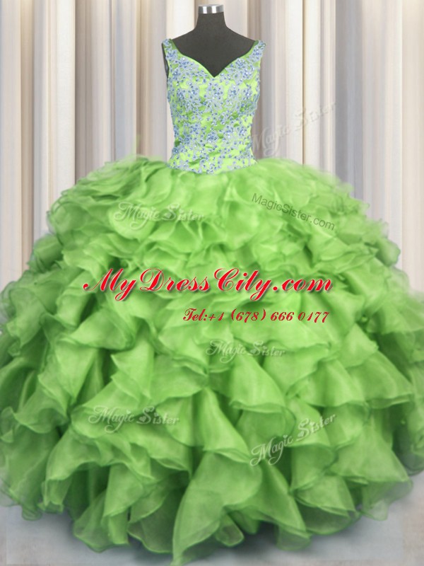 V Neck Organza Sleeveless Floor Length Vestidos de Quinceanera and Beading and Ruffles