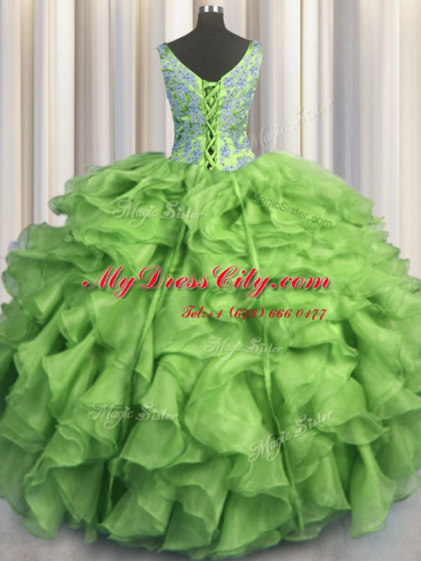 V Neck Organza Sleeveless Floor Length Vestidos de Quinceanera and Beading and Ruffles