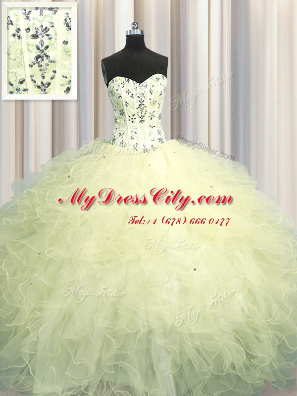 High Quality Visible Boning Light Yellow Sleeveless Beading and Appliques and Ruffles Floor Length Ball Gown Prom Dress