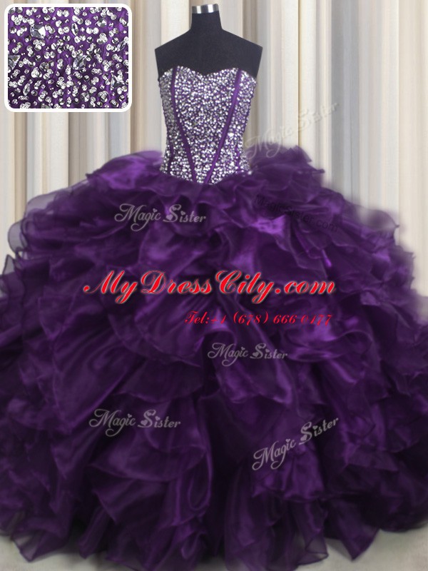 Decent Bling-bling Purple Ball Gowns Sweetheart Sleeveless Organza With Brush Train Lace Up Beading and Ruffles Quinceanera Gowns