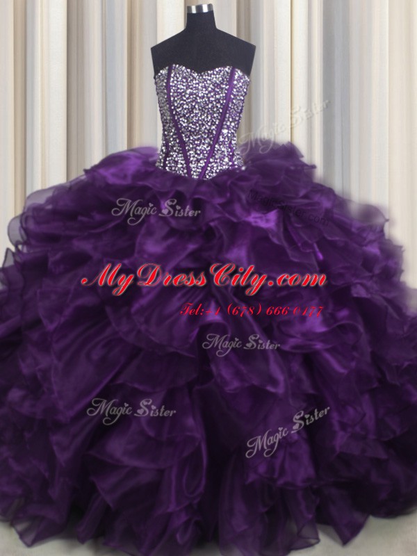 Decent Bling-bling Purple Ball Gowns Sweetheart Sleeveless Organza With Brush Train Lace Up Beading and Ruffles Quinceanera Gowns