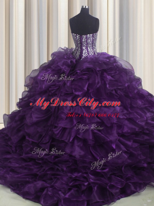 Decent Bling-bling Purple Ball Gowns Sweetheart Sleeveless Organza With Brush Train Lace Up Beading and Ruffles Quinceanera Gowns