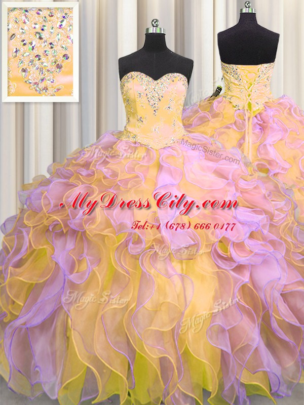 Custom Made Multi-color Sweetheart Lace Up Beading and Appliques and Ruffles Quince Ball Gowns Sleeveless